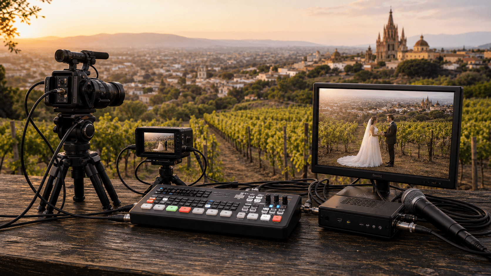 A livestream production setup overlooking San Miguel de Allende at sunset, with a monitor showing a couple exchanging vows in a vineyard ceremony.