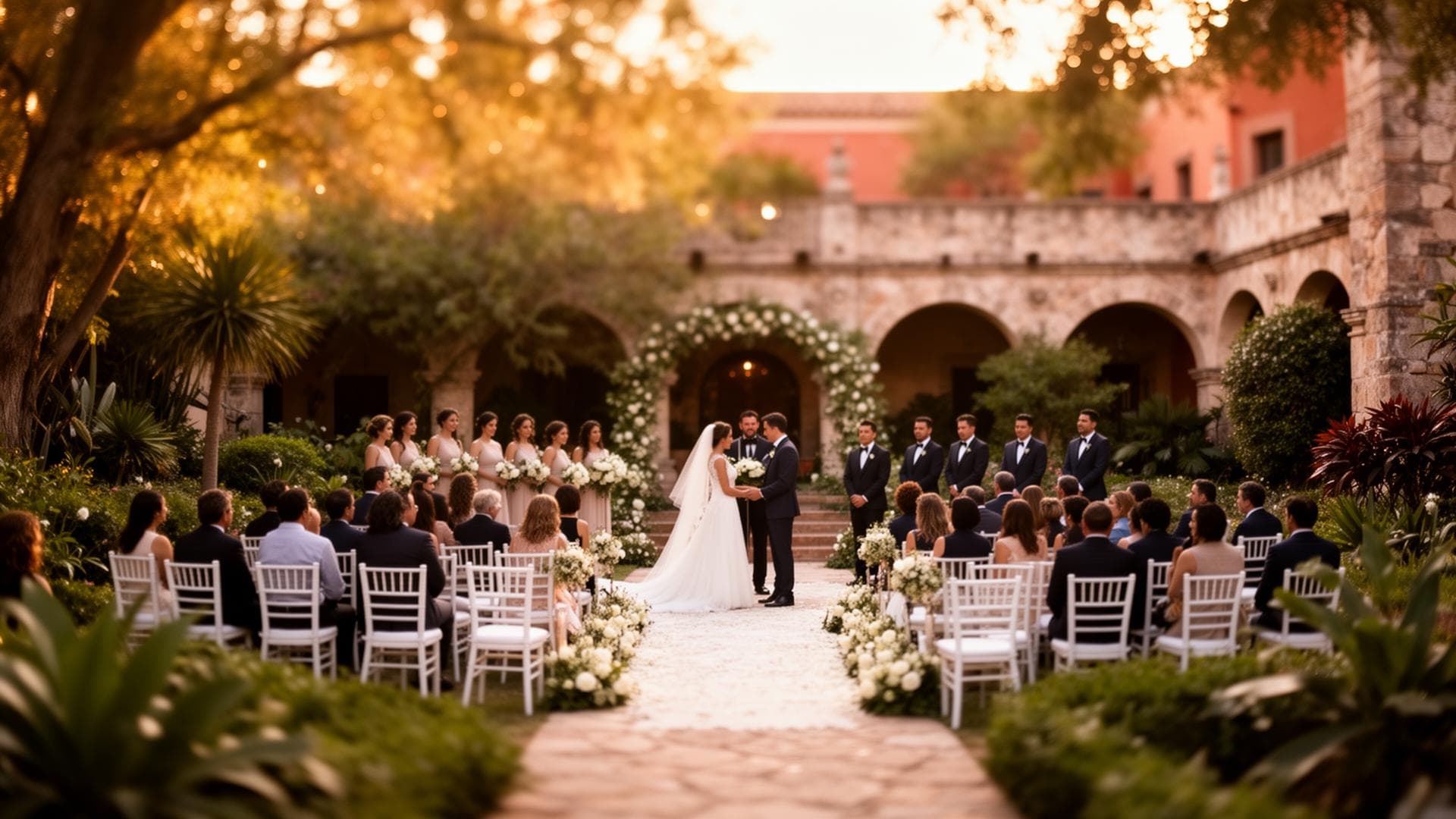 A couple exchanging vows during an outdoor ceremony at a Mexican hacienda at sunset.