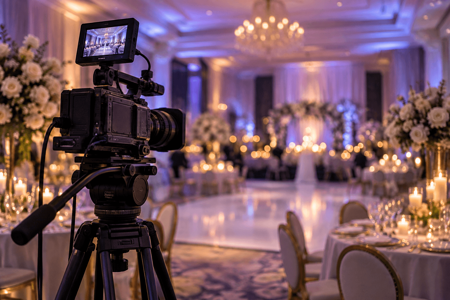 A broadcast camera on a tripod facing the dance floor in a candlelit ballroom, with the reception's chandeliers and floral arrangements behind it.