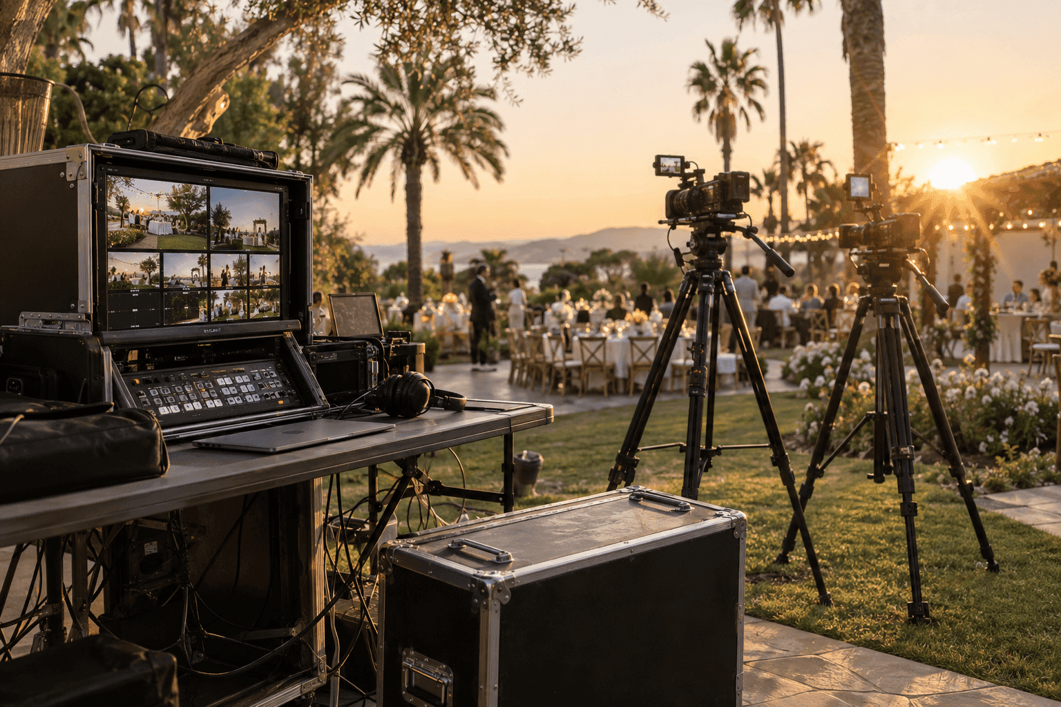 A livestream production setup at an outdoor wedding reception at sunset: a monitor showing several camera feeds and a video switcher on the control table, with two cameras on tripods facing the celebration.